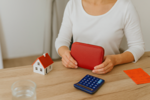 A woman holding a red wallet with a calculator and a dummy house on the table