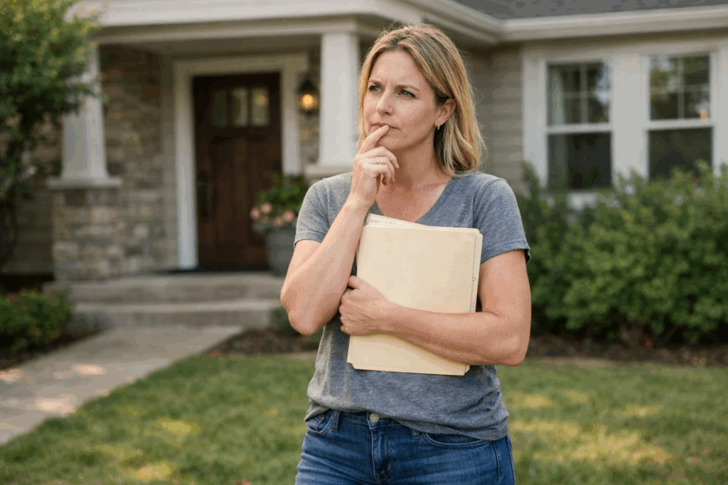 woman standing in front of her home with files