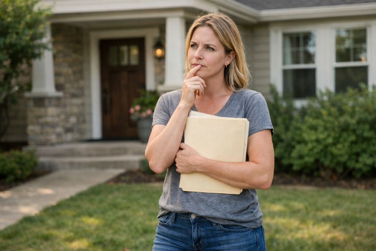 woman standing in front of her home with files