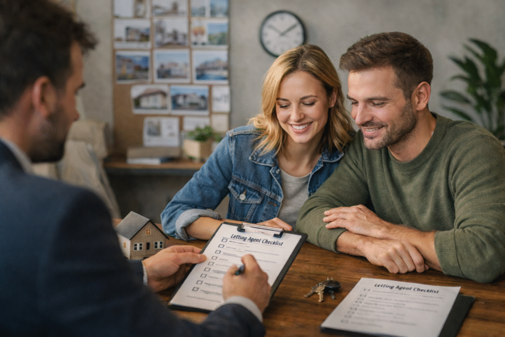 man and a woman talking to a letting agent