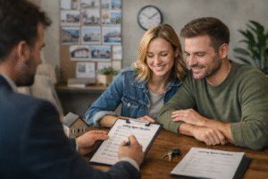 man and a woman talking to a letting agent