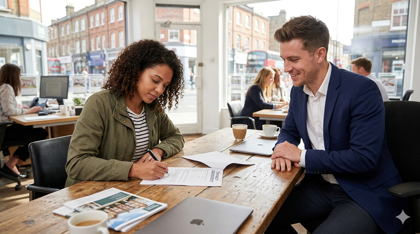 a lady signing a document and sitting across a man in a suit