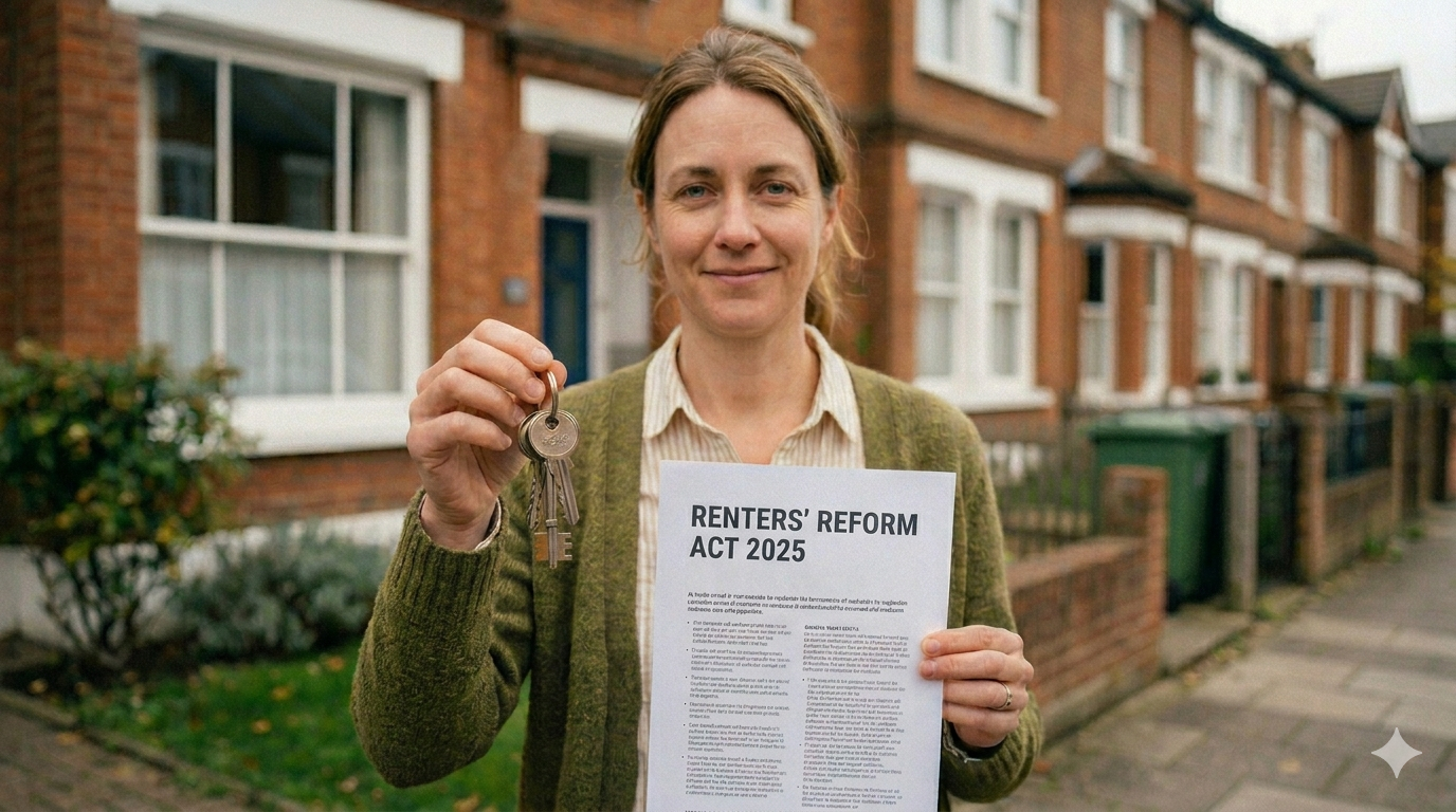 A woman standing in front of houses holding keys and a document