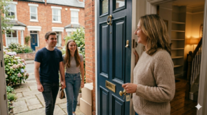 a woman opening a house door for a couple