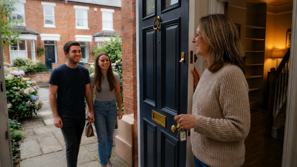 woman opening a door for a couple