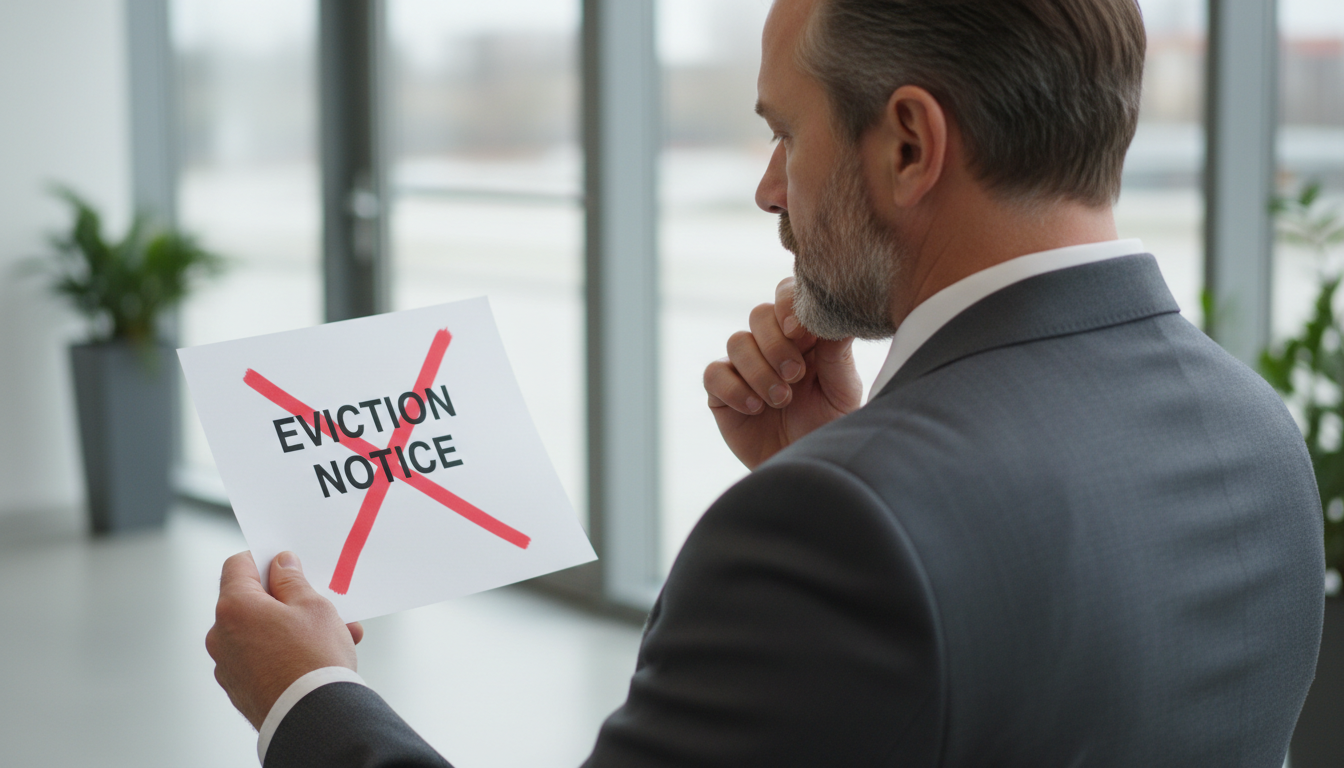 an older man with grey beard holding an eviction notice with hand on the chin