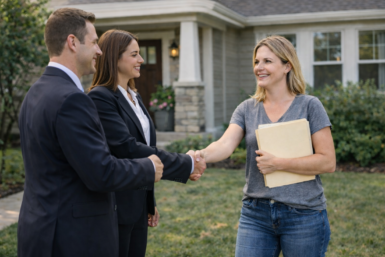 female home ownwer greeting property managers in front of her house